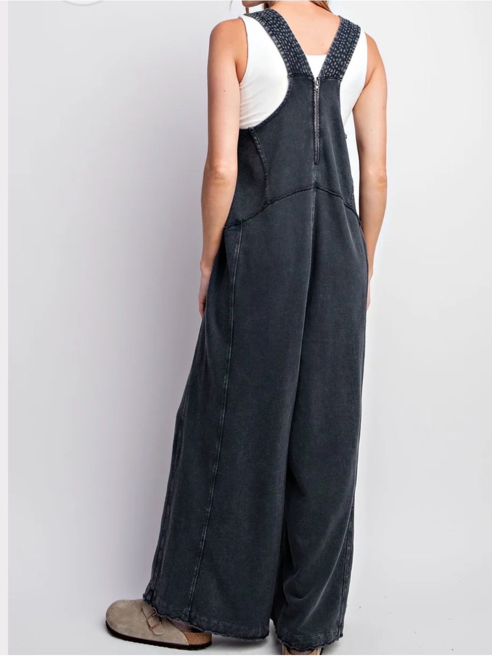 EASEL L charcoal washed terry knit sleeveless jumpsuit, oversized and wide leg - Picture 3 of 12